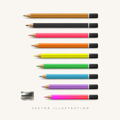 Fototapeta premium Pencils collection in Realistic style with sharpener