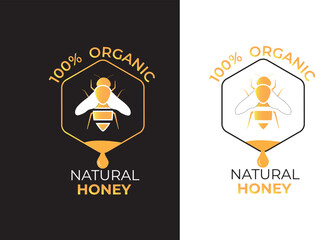 100% Natural wild raw organic honey logo label concept with bee symbol inside hexagon honeycomb nectar drop sign. Beekeeper farm badge brand identity template. Vector illustration.