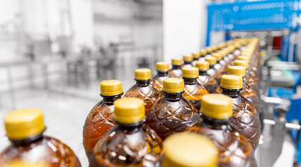 Concept banner modern production line brewery industry. Conveyor with brown plastic beer bottles with drink alcohol