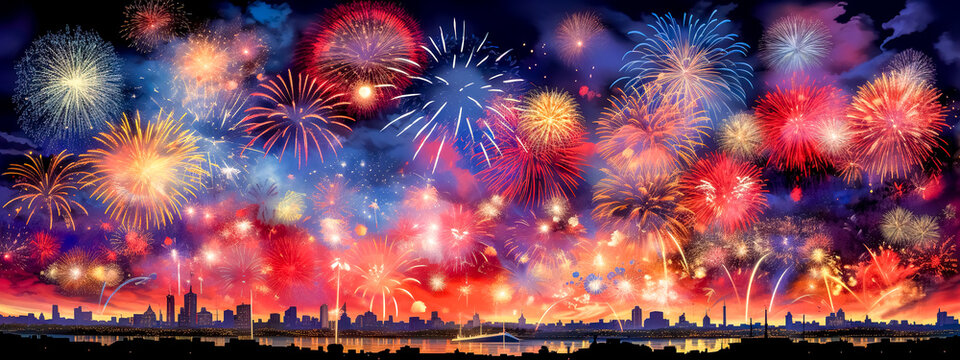 beauteful bright colorful fireworks over the city, banner made with Generative AI