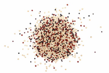 Tri-color quinoa seeds blend pile isolated on white, top view