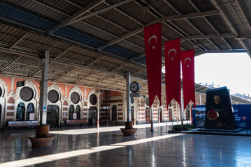 Inside Turkish Railways building Sirkeci train station, once the terminus of the Orient Express,...