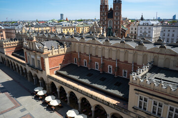 Aerial view of the Cloth Hall Sukiennice on Main Market Square in the Old Town district of Krakow,...