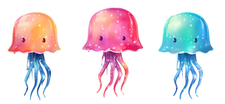 Watercolor cute jellyfish illustration on white background, kids story book elements