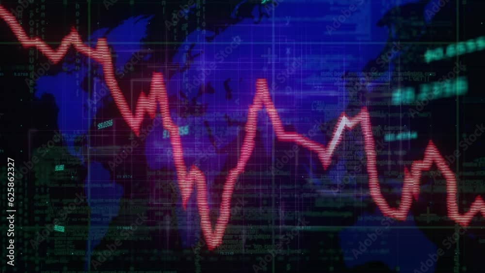 Poster animation of graphs and numbers over map and computer language against black background