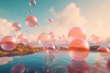 Vibrierende rosa Blasen, die über dem Ozean in einer verträumten Landschaft schweben - obrazy, fototapety, plakaty