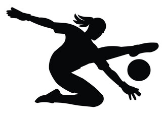Girl silhouette of a woman's football goalkeeper in gloves jumping high kicking the ball with her foot