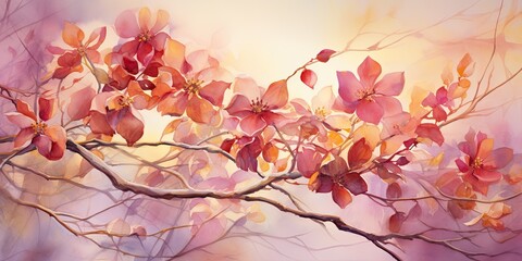 Burgundy watercolor flowers delicately blooming on a vine-covered trellis, their velvety petals exuding elegance and sophistication Burgundy Watercolor Flowers Generative Ai Digital Illustration