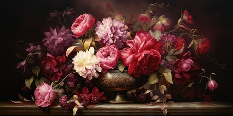 A breathtaking still life composition of burgundy watercolor flowers, arranged in an antique porcelain vase Burgundy Watercolor Flowers Generative Ai Digital Illustration