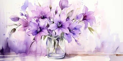 Purple watercolor flowers in varying shades, gracefully arranged in a vintage glass vase, their delicate petals showcasing subtle gradients Purple Watercolor Flowers Generative Ai Digital Illustration