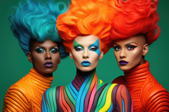 Three people together with colorful hair, clothing and make up. Concept image on the diversity of the lgbt community. Generative AI