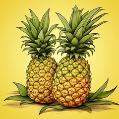 One pineapple rests atop two others on yellow background. (Generative AI)