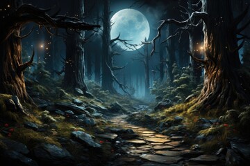 A path leads through a dark forest to the full moon and stars above. (Generative AI)