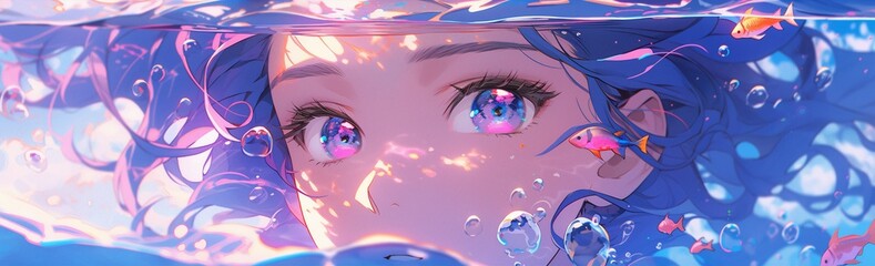 Obraz na płótnie Canvas Water Girl Portrait Anime Cartoon Magic Fantasy.