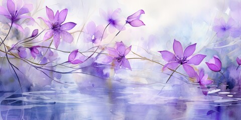 Fototapeta na wymiar Delicate purple watercolor flowers scattered along the banks of a tranquil river, their petals gently floating on the water's surface, Purple Watercolor Flowers Generative Ai Digital Illustration