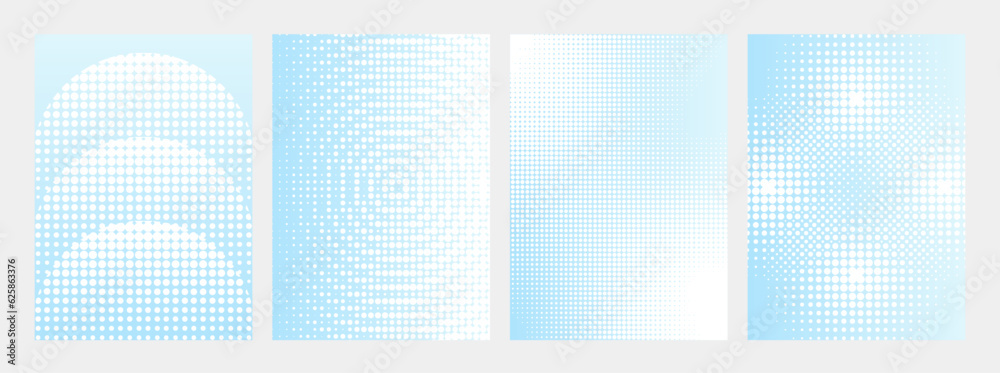 Poster Abstract halfton gradient background vector set (collection). Minimalist cover template with vibrant blue color, dot pattern. Modern design for social media, poster, cover, banner, flyer, wall art.