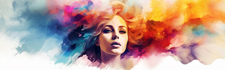 Women faces watercolor illustration, horizontal copy space on pastel pink background. Generative AI