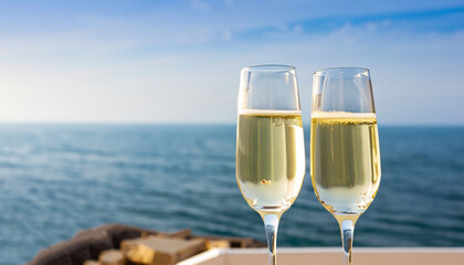 two glasses of champagne making toast and sea on the background