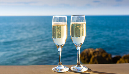 two glasses of champagne making toast and sea on the background