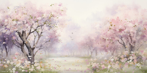 Obraz na płótnie Canvas Watercolor Flowers Their delicate petals carry shades of soft pinks and purples, creating a delicate and ethereal scene. Generative Ai Digital Illustration