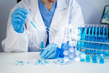 Healthcare professional holding  vaccine in laboratory study and analyze scientific sample of...