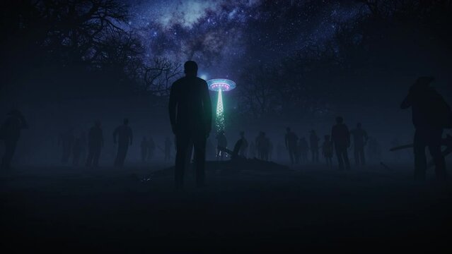 Alien UFO hovering over people in foggy dark forest
