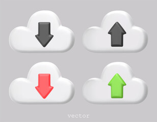 3d render media cloud for management multimedia data. Data transfer 3d icon. Cloud data storage icon. Cloud with arrows. Upload, download symbols. 3D vector illustration