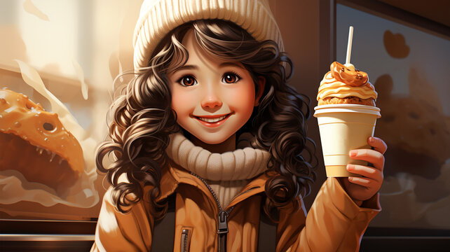 Flavors of Freedom: A Girl's Ice Cream Happiness in a Painted School Winter Vacation Portrait