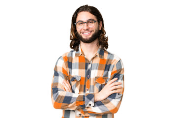 Young handsome man over isolated chroma key background keeping the arms crossed in frontal position