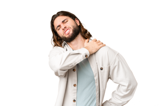 Young handsome man over isolated chroma key background suffering from pain in shoulder for having made an effort