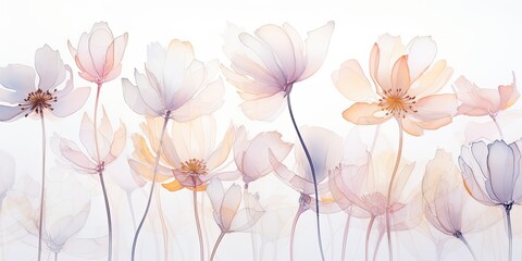    Intricate watercolor flower outlines grace a textured canvas, their delicate lines capturing the essence of nature's beauty. Transparent Watercolor Flowers Generative Ai Digital Illustration