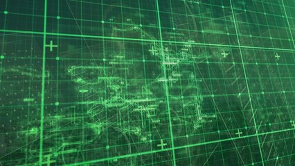 Animation of grid pattern over matrix map against loading circles and bars on abstract background