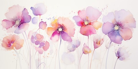  Delicate watercolor flower outlines come to life on a blank canvas, their graceful presence capturing the imagination.  Transparent Watercolor Flowers Generative Ai Digital Illustration
