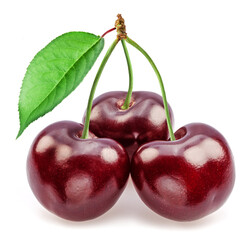 Sweet cherries with leaf isolated on white background.