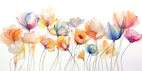  Delicate watercolor flower outlines bloom on a pristine canvas, their intricate lines captivating the viewer's attention.  Transparent Watercolor Flowers Generative Ai Digital Illustration