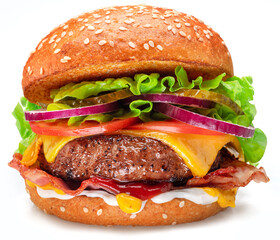 Tasty cheeseburger isolated on white background.