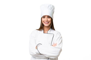 Young chef caucasian woman over isolated background keeping the arms crossed in frontal position