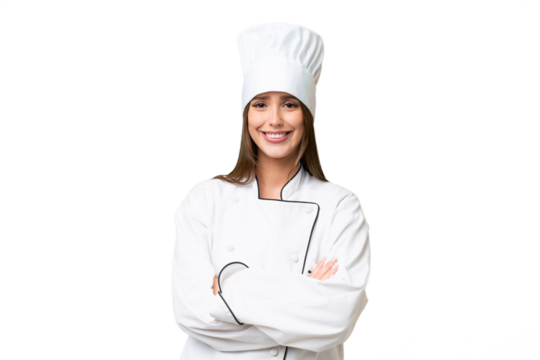 Young chef caucasian woman over isolated background keeping the arms crossed in frontal position