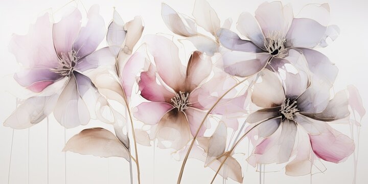 Delicate watercolor flower outlines bloom on a canvas, their graceful curves and lines capturing the viewer's imagination  Transparent Watercolor Flowers Generative Ai Digital Illustration
