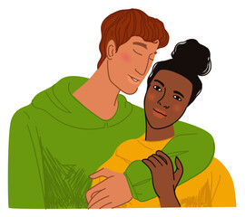 Man and woman hugging, multiracial couple dating