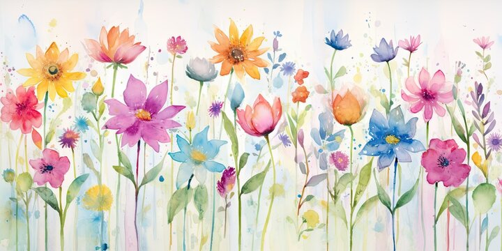 On a celebratory canvas, watercolor flowers in vibrant shades come together to form a "Happy Birthday" message.  Tropical Watercolor Flowers Generative Ai Digital Illustration