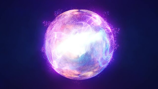 Abstract energy blue sphere with flying glowing purple particles and magic field, science futuristic hi-tech background