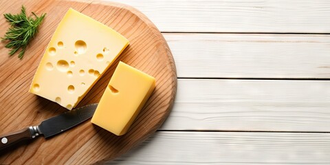 Top view sliced cheese and knife on white wooden board