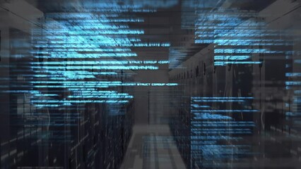 Animation of computer language over bars against server room in background - Powered by Adobe