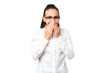 Young Arabian woman over isolated chroma key background happy and smiling covering mouth with hands