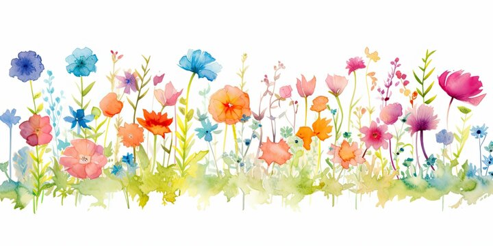 On a blank canvas, a whimsical watercolor flower border takes shape, its intricate patterns and vibrant colors creating spectacle Tropical Watercolor Flowers Generative Ai Digital Illustration