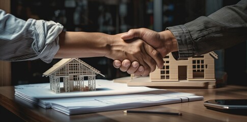 Handshake. Close-up of business people shaking hands. Construction and houses in background