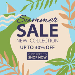 Summer Sale tropical website square banner template. Summer Sale tag. Sale promotional material vector illustration. 