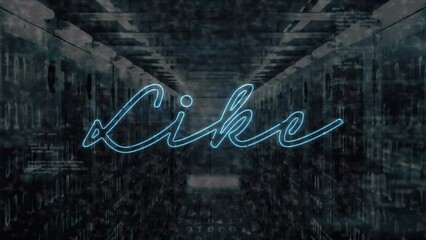 Animation of illuminated like text over binary codes on server racks in server room - Powered by Adobe