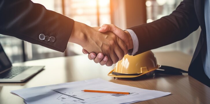 Handshake. Close-up of business people shaking hands. Construction and houses in background